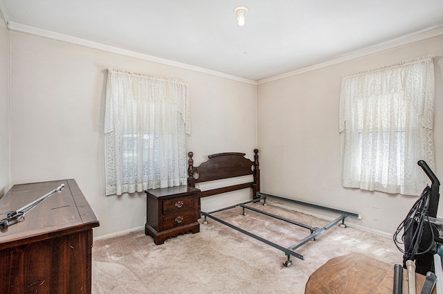 carpeted bedroom featuring baseboards and ornamental molding