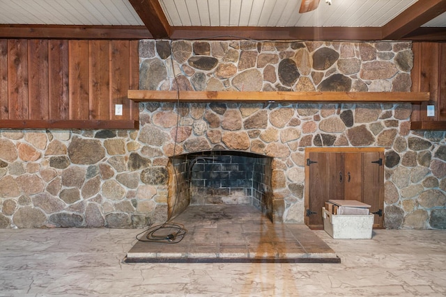 details featuring a fireplace, wooden walls, beam ceiling, and wood ceiling