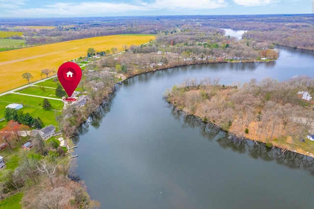 birds eye view of property featuring a forest view and a water view