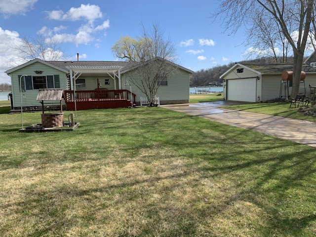 1026 Lakeview Dr, Brooklyn, MI 49230 - view of front facade with an outdoor structure, a pergola, a deck, and a front yard