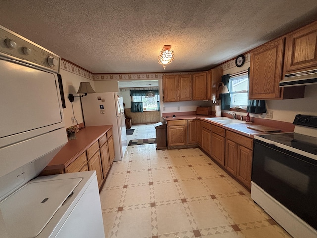 1026 Lakeview Dr, Brooklyn, MI 49230 - kitchen with brown cabinets, light floors, a sink, freestanding refrigerator, and electric range oven