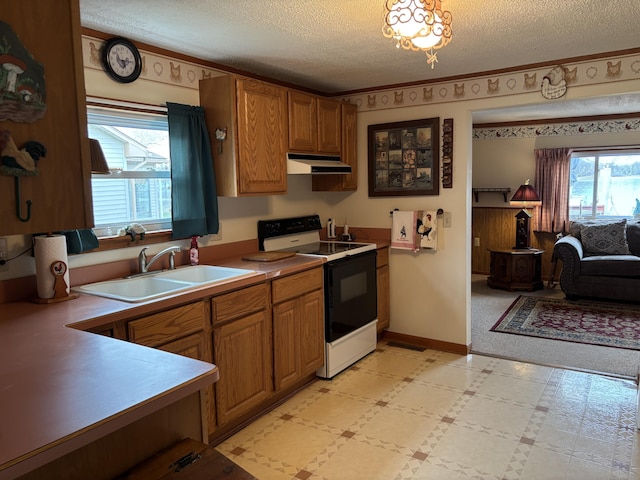 1026 Lakeview Dr, Brooklyn, MI 49230 - kitchen featuring a sink, range with electric cooktop, a textured ceiling, brown cabinets, and under cabinet range hood