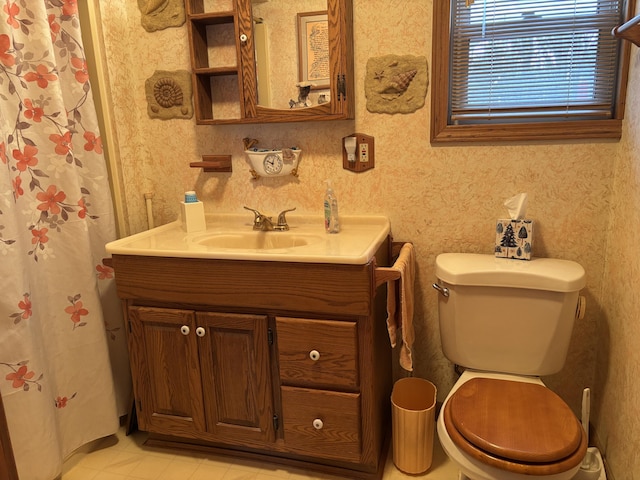 1026 Lakeview Dr, Brooklyn, MI 49230 - full bath with wallpapered walls, vanity, and toilet