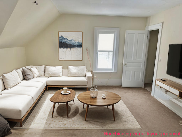 living room featuring lofted ceiling and light carpet