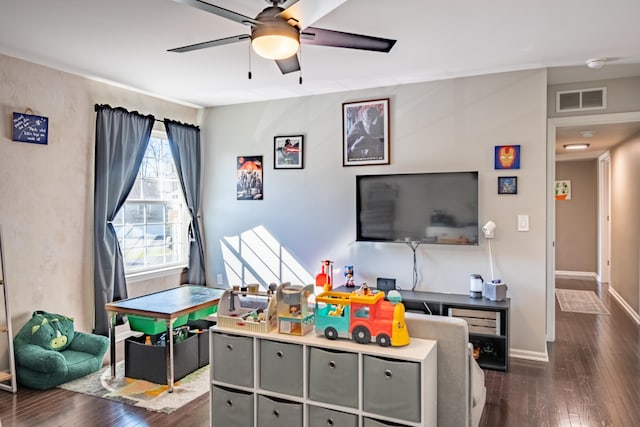 1242 Bay, Holly, MI 48442 - game room featuring baseboards, ceiling fan, dark wood finished floors, and visible vents
