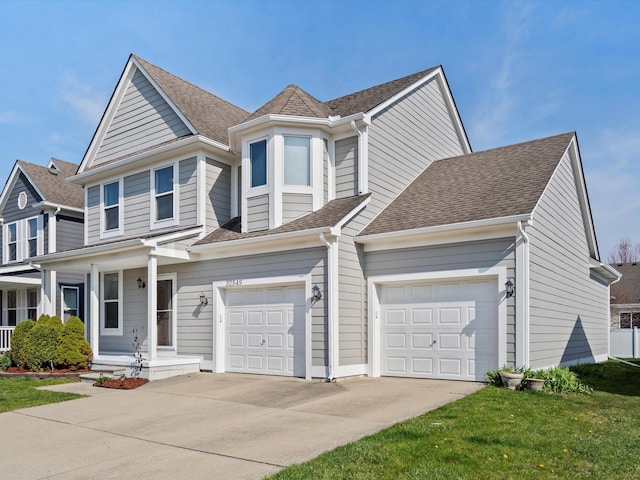 view of front of house with an attached garage, driveway, and roof with shingles