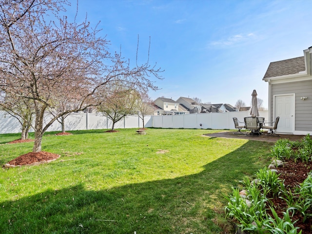 view of yard with a fenced backyard and a patio area