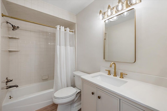 full bath featuring toilet, shower / bathtub combination with curtain, wood finished floors, and vanity