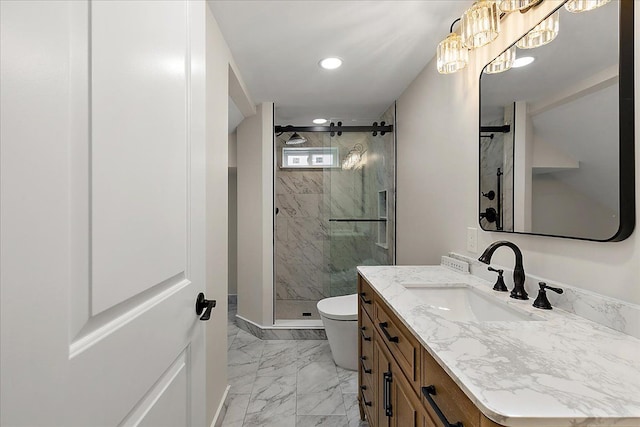 full bath featuring a shower stall, toilet, recessed lighting, vanity, and marble finish floor