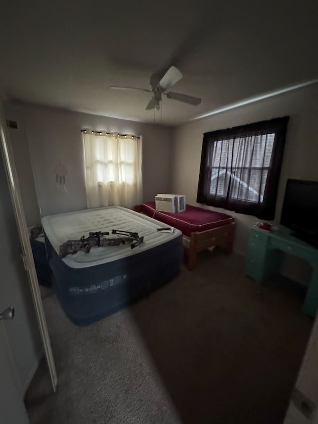 bedroom featuring carpet flooring, ceiling fan, and multiple windows