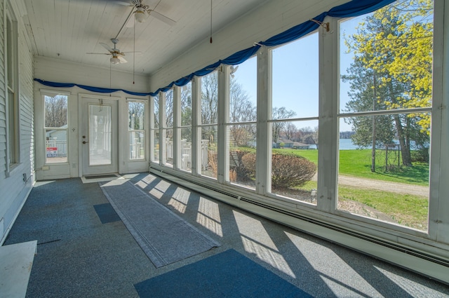 11811 Laird Rd, Brooklyn, MI 49230 - unfurnished sunroom featuring ceiling fan and a water view
