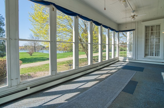 11811 Laird Rd, Brooklyn, MI 49230 - unfurnished sunroom featuring baseboard heating, a water view, and ceiling fan