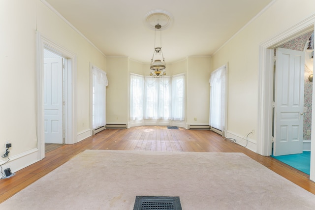 11811 Laird Rd, Brooklyn, MI 49230 - unfurnished dining area with wood-type flooring, a notable chandelier, visible vents, and ornamental molding