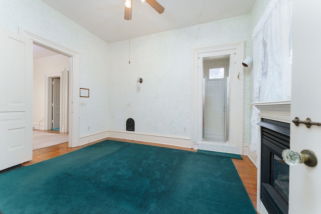 11811 Laird Rd, Brooklyn, MI 49230 - interior space featuring wood finished floors, ceiling fan, and a glass covered fireplace