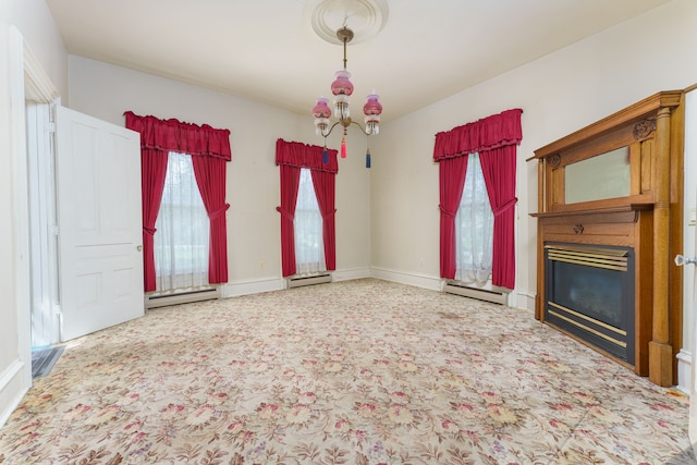 11811 Laird Rd, Brooklyn, MI 49230 - unfurnished living room featuring an inviting chandelier, baseboard heating, carpet, and a fireplace
