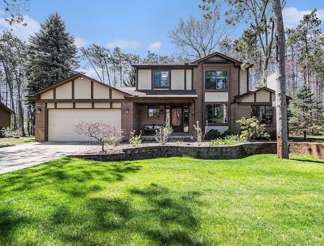 english style home featuring a porch, a front lawn, a garage, brick siding, and concrete driveway