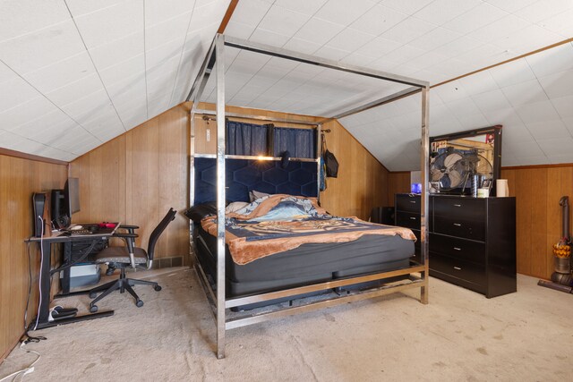 6545 Asbury Park, Detroit, MI 48228 - carpeted bedroom featuring wood walls and vaulted ceiling