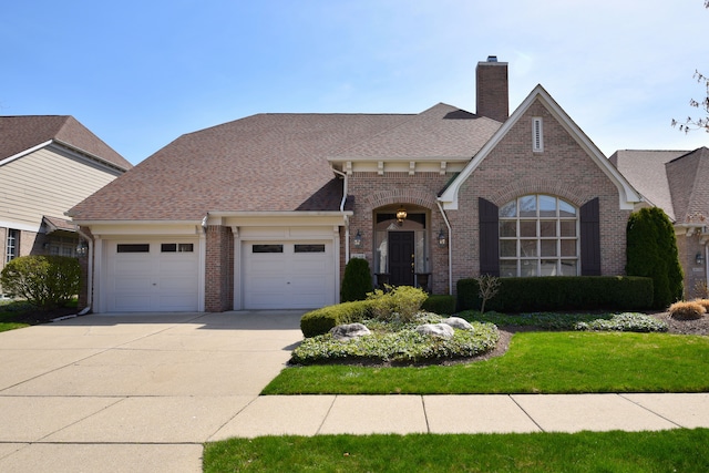 view of front of home with a front yard, a garage, brick siding, a chimney, and concrete driveway
