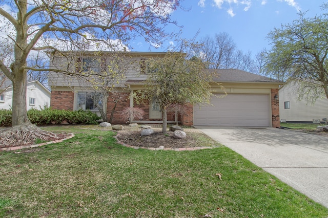 view of front of home featuring concrete driveway, an attached garage, brick siding, and a front lawn