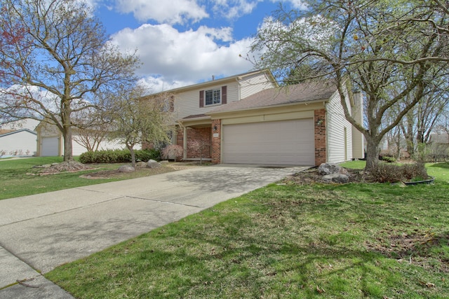 traditional-style home featuring concrete driveway, a front lawn, brick siding, and a garage