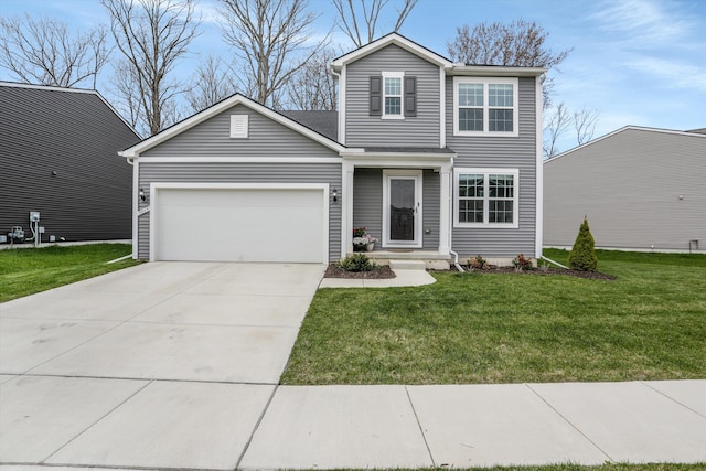 traditional-style home featuring a garage, concrete driveway, and a front lawn