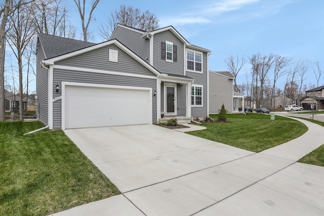 traditional-style house with a garage, a shingled roof, concrete driveway, and a front lawn