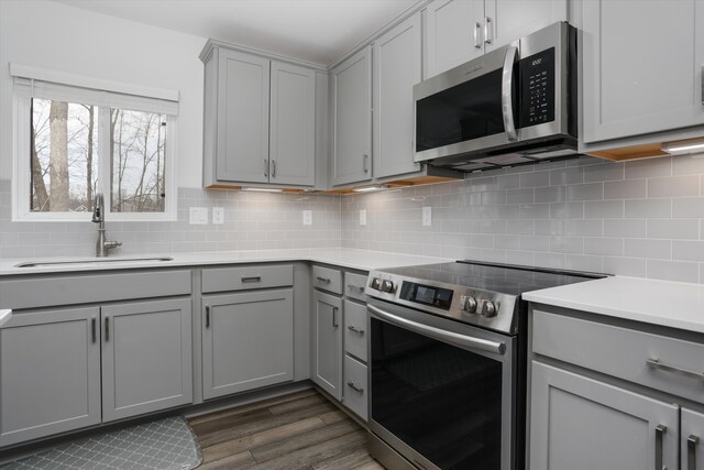 kitchen with gray cabinetry, appliances with stainless steel finishes, a sink, and light countertops