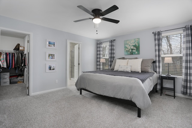 bedroom featuring carpet, a walk in closet, and multiple windows