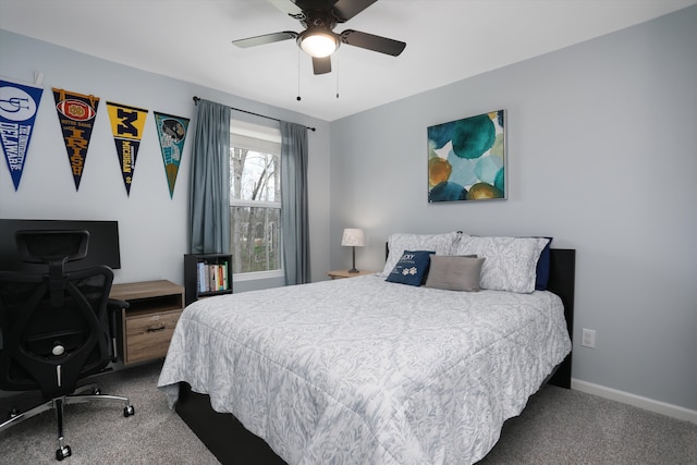 bedroom with carpet floors, baseboards, and ceiling fan
