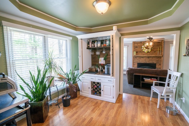 interior space with crown molding, ceiling fan, light wood-style floors, a tray ceiling, and a stone fireplace