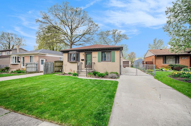 bungalow-style home featuring a gate, brick siding, fence, a front lawn, and concrete driveway