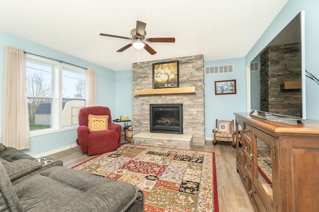 48320 Martz Rd, Michigan, MI 48111 - living room featuring wood finished floors, a ceiling fan, visible vents, and a stone fireplace
