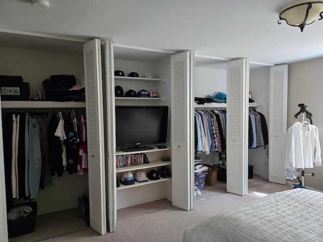bedroom featuring multiple closets and carpet floors
