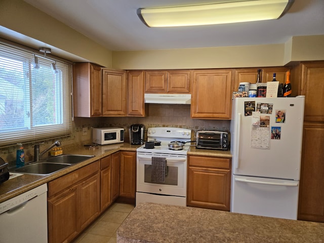 kitchen featuring a sink, white appliances, a toaster, under cabinet range hood, and backsplash