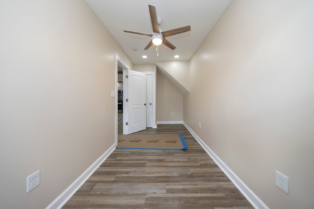 bonus room with recessed lighting, ceiling fan, wood finished floors, and baseboards