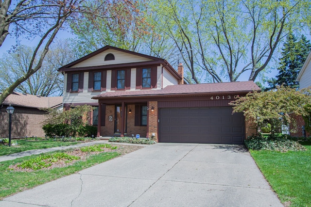 traditional-style house featuring a porch, a chimney, brick siding, concrete driveway, and an attached garage