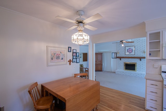 dining space featuring crown molding, ceiling fan, light wood finished floors, and a fireplace