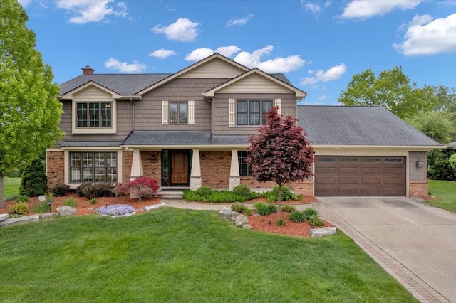 2485 Kimberly Fair St, Rochester Hills, MI 48309 - craftsman house featuring brick siding, a garage, concrete driveway, a front yard, and a chimney