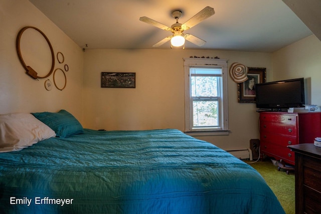 bedroom featuring a baseboard radiator, carpet, and a ceiling fan