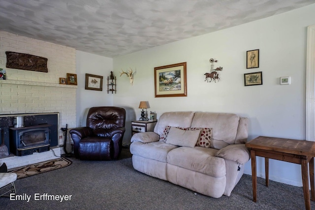 carpeted living room with a wood stove and a textured ceiling