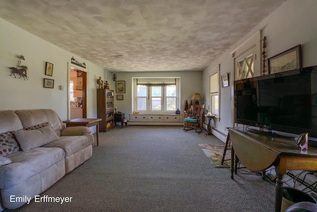 living area featuring carpet and a textured ceiling