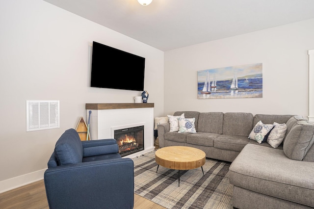 742 Ravine Ln, South Haven, MI 49090 - living area with a glass covered fireplace, wood finished floors, visible vents, and baseboards
