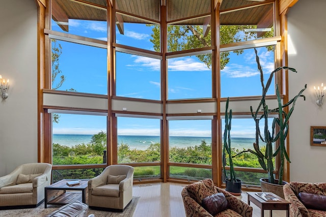 5788 M 63, Coloma, MI 49038 - sunroom with a wealth of natural light, a towering ceiling, wood finished floors, and a water view