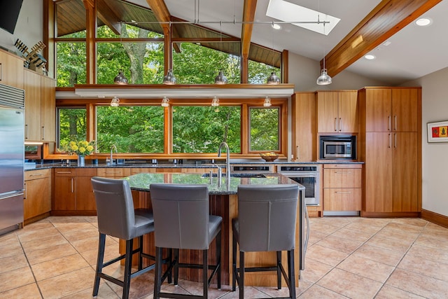 5788 M 63, Coloma, MI 49038 - kitchen with dark stone countertops, built in appliances, a sink, a skylight, and high vaulted ceiling