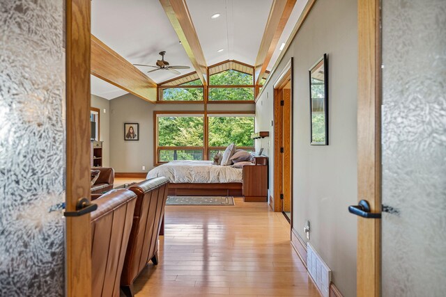 5788 M 63, Coloma, MI 49038 - bedroom featuring recessed lighting, light wood finished floors, visible vents, baseboards, and lofted ceiling with beams