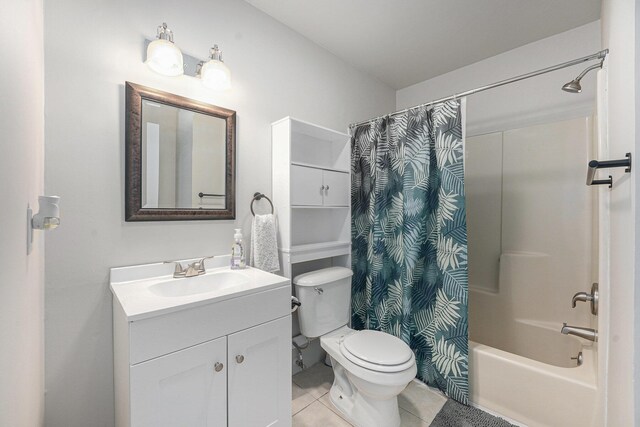 full bath with vanity, toilet, tile patterned flooring, and shower / bath combo with shower curtain
