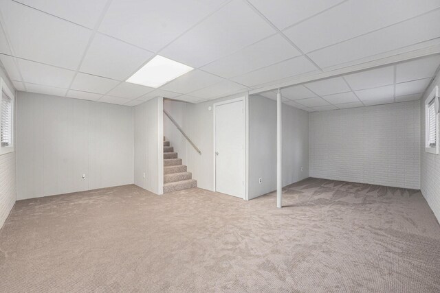 below grade area featuring a paneled ceiling, carpet flooring, stairs, and brick wall