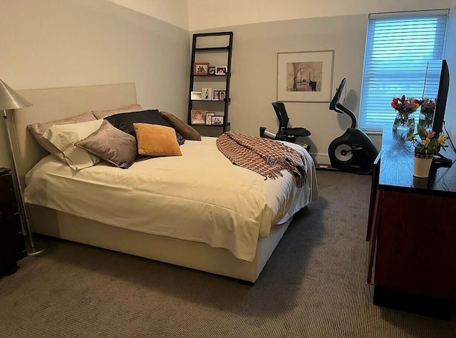bedroom with dark colored carpet