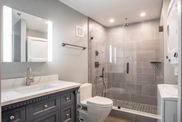bathroom with toilet, visible vents, recessed lighting, a shower stall, and vanity