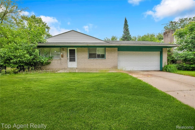 4123 Burton St, Inkster, MI 48141 - view of front of house with brick siding, a chimney, concrete driveway, a front lawn, and an attached garage